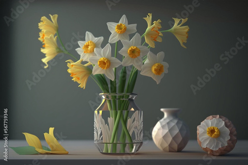 Daffodils in vase. Generative AI.