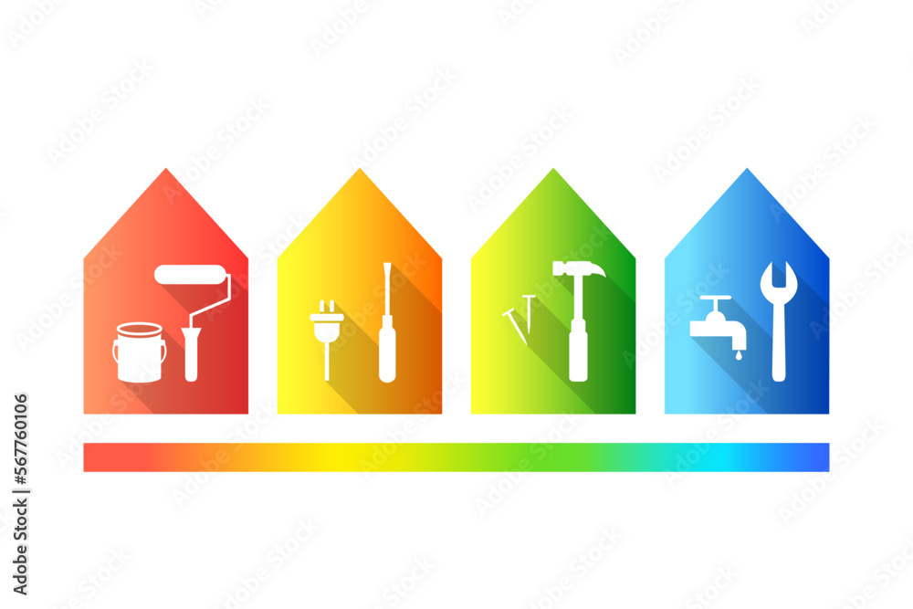 Repair, renovation, maintenance concept with house and work tools. Logo, icon set: paint roller, screwdriver, hammer, wrench tool icons. Facility and facilities, building, property, asset management. Repair, renovation, maintenance concept with house and work tools. Logo, icon set: paint roller, screwdriver, hammer, wrench tool icons. Facility and facilities, building, property, asset management.