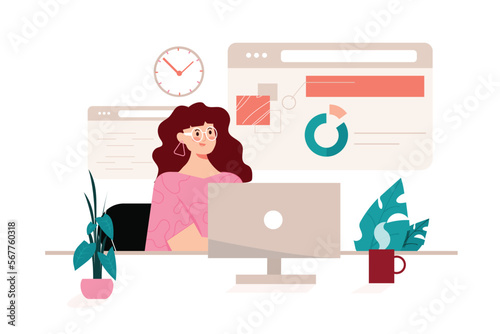 Work flow pink concept with people scene in the flat cartoon style. Girl needs to complete many tasks so she spend a lot of time at the computer. Vector illustration.