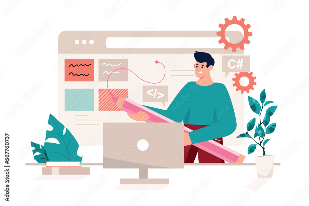 UI UX programming pink concept with people scene in the flat cartoon design. Designer edits site settings to complete work. Vector illustration.