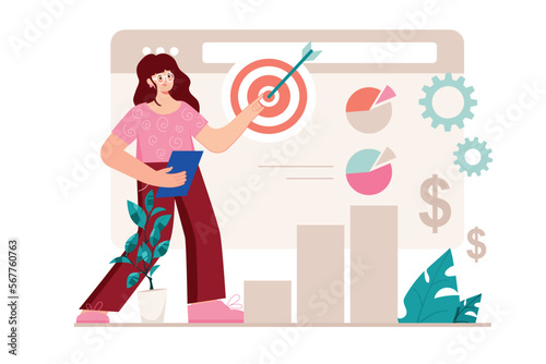 Business target pink concept with people scene in the flat cartoon style. Manager explains the plans and goals to be achieved regarding business development in the near future. Vector illustration.