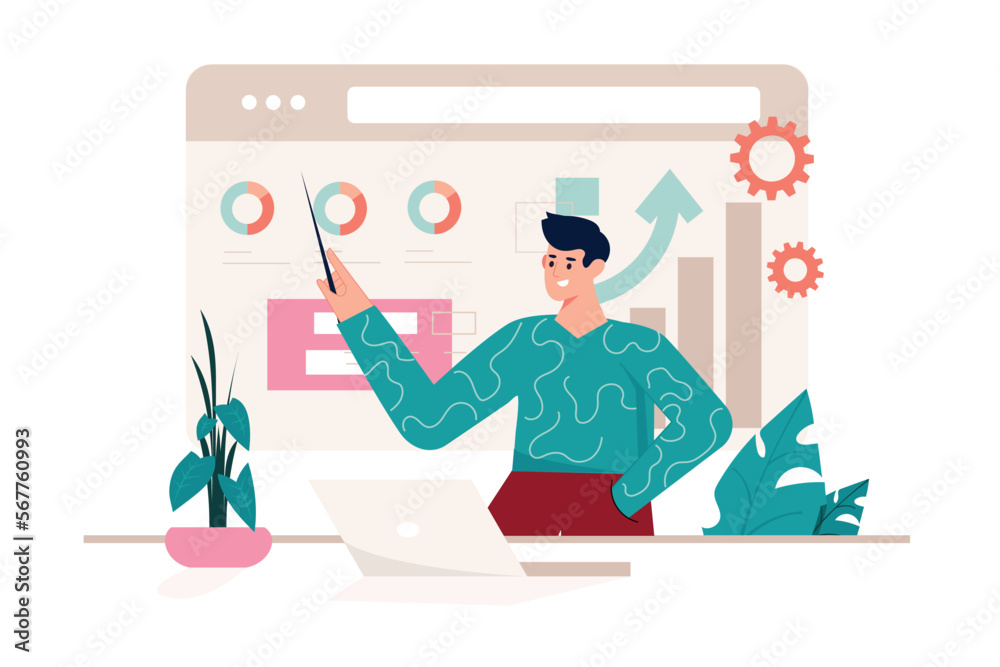 Business analysis pink concept with people scene in the flat cartoon style. Employee analyzes data and information about business. Vector illustration.