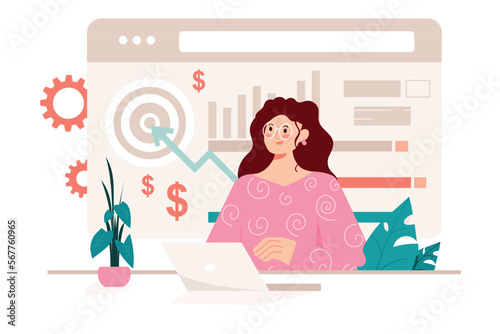 Business target pink concept with people scene in the flat cartoon style. Manager explains the plans and goals to be achieved regarding business development in the near future. Vector illustration.