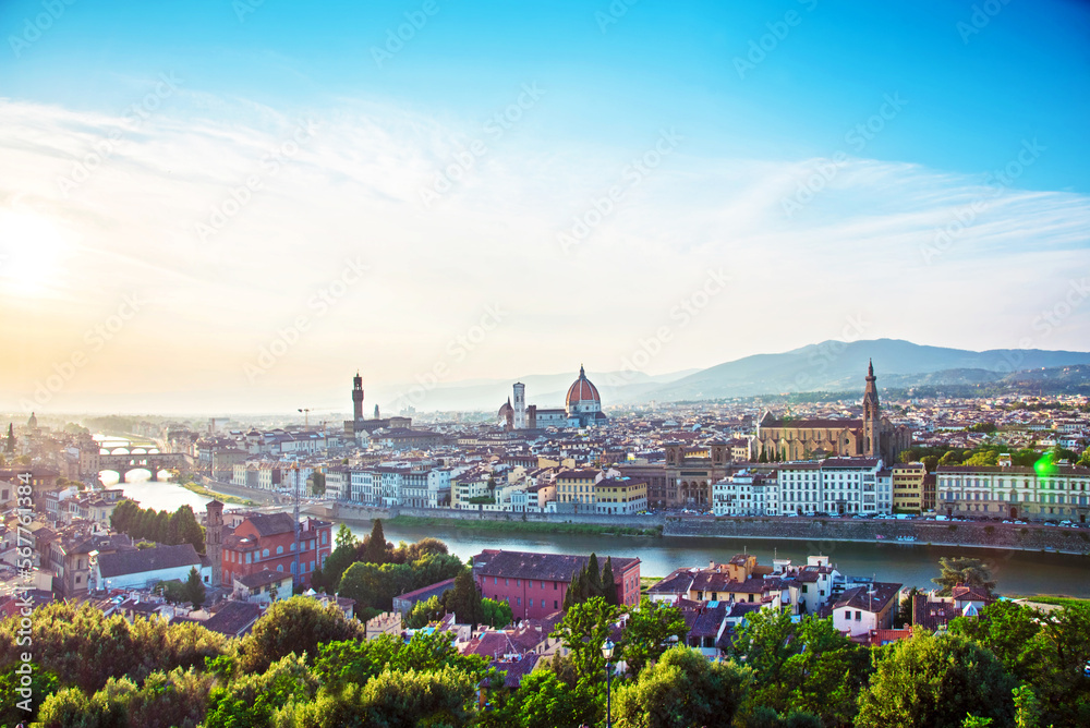 A fabulous panoramic view of Florence from Michelangelo Square at sunset. It is a pilgrimage of tourists and romantics. Duomo Cathedral. Italy, Tuscany