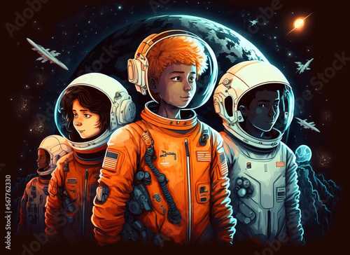 Teenage astronauts space explorers. sketch art for artist creativity and inspiration. generative AI 