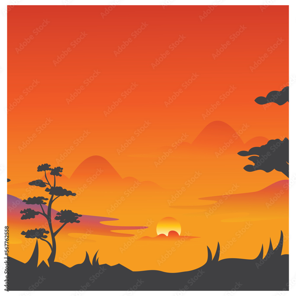 landscape mountain view evening sun trees background design illustration coloring vector