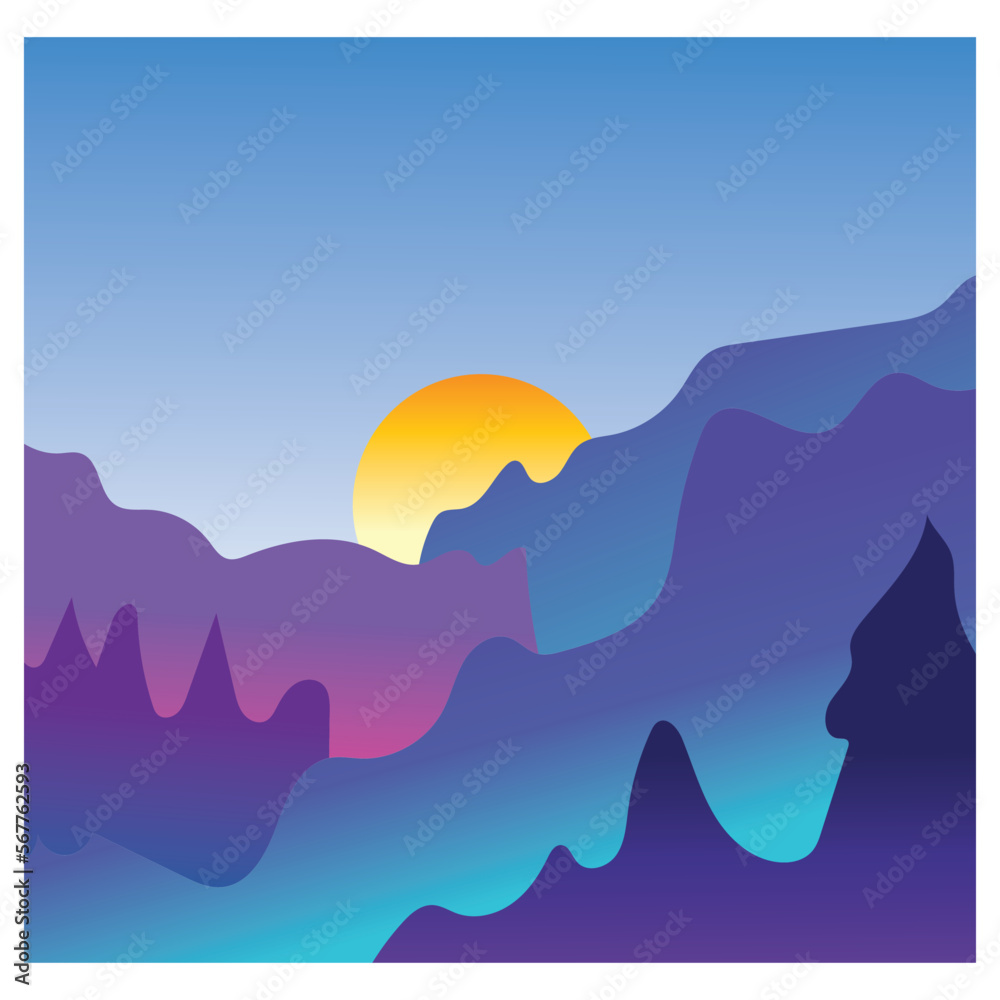 landscape morning sun mountain view background vector coloring illustration design