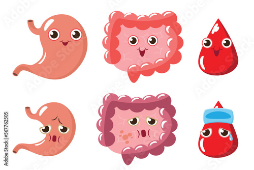 emotion cute stomach, intestine, blood vector illustration cartoon character, positive strong, happy, smile, negative bad, weak, sick, damage, hurt, cry, ache.
