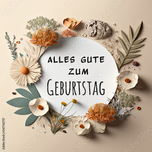 Text Alles gute zum Geburtstag means Happy Birthday in German language. Dry plants, flowers around paper circle. Floral composition on yellow background, AI generative.