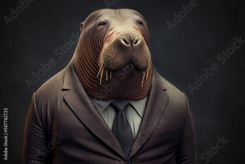 Blubbering Brilliance: Portrait of a Majestic Walrus in a Business Suit. Generative AI