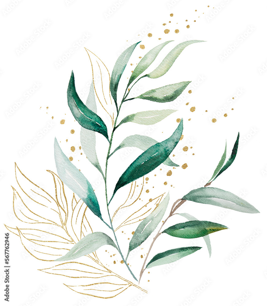 Fototapeta premium Bouquet made of green and golden watercolor eucalyptus leaves, wedding illustration