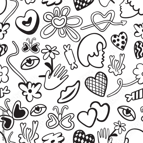 vector seamless pattern with simple doodles. love and relationships. stylish minimalist line pattern. romantic graphic background. Vector hearts, couples, flowers, plants, arrows.