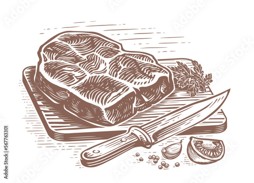 Hand drawn meat steak grilled in vintage engraving style. Roast beef, grill food, barbecue sketch vector illustration