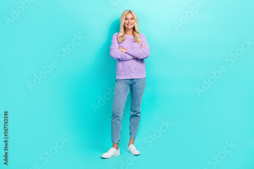 Full size photo of cheerful nice person crossed arms toothy smile isolated on teal color background