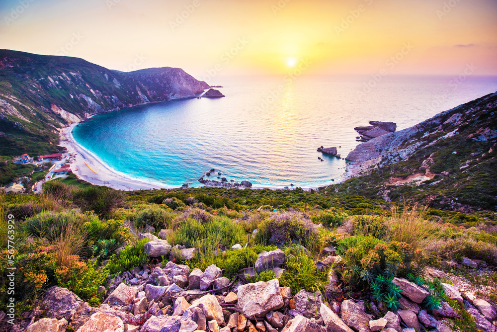 Fantastically fabulous mystical stunning magical landscape with the beach at sunset in Petani Beach, Kefalonia, Greece. Amazing places. Tourist Attractions.