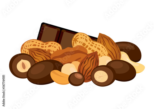 Chocolate Covered Nuts vector illustration. Pile of mixed nuts in chocolate drawing. Group of chocolate covered nuts icon vector isolated on a white background