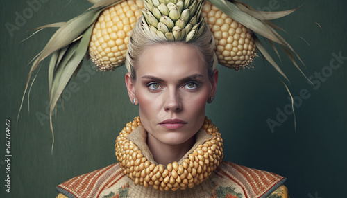 Studio shot of a woman wearing a fashion corn-styled dress.Generative AI