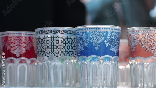 Image of Group of traditional Moroccan tea cups.
