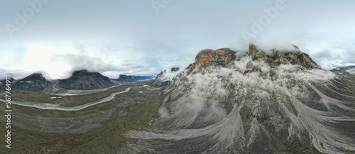 Panoramic landscape view of Akshayuk Pass, Auyuittuq National Park landscape view. Baffin Mountains photo