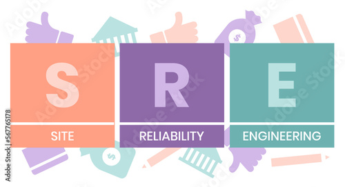 SRE - Site Reliability Engineering acronym. business concept background. vector illustration concept with keywords and icons. lettering illustration with icons for web banner, flyer, landing page
