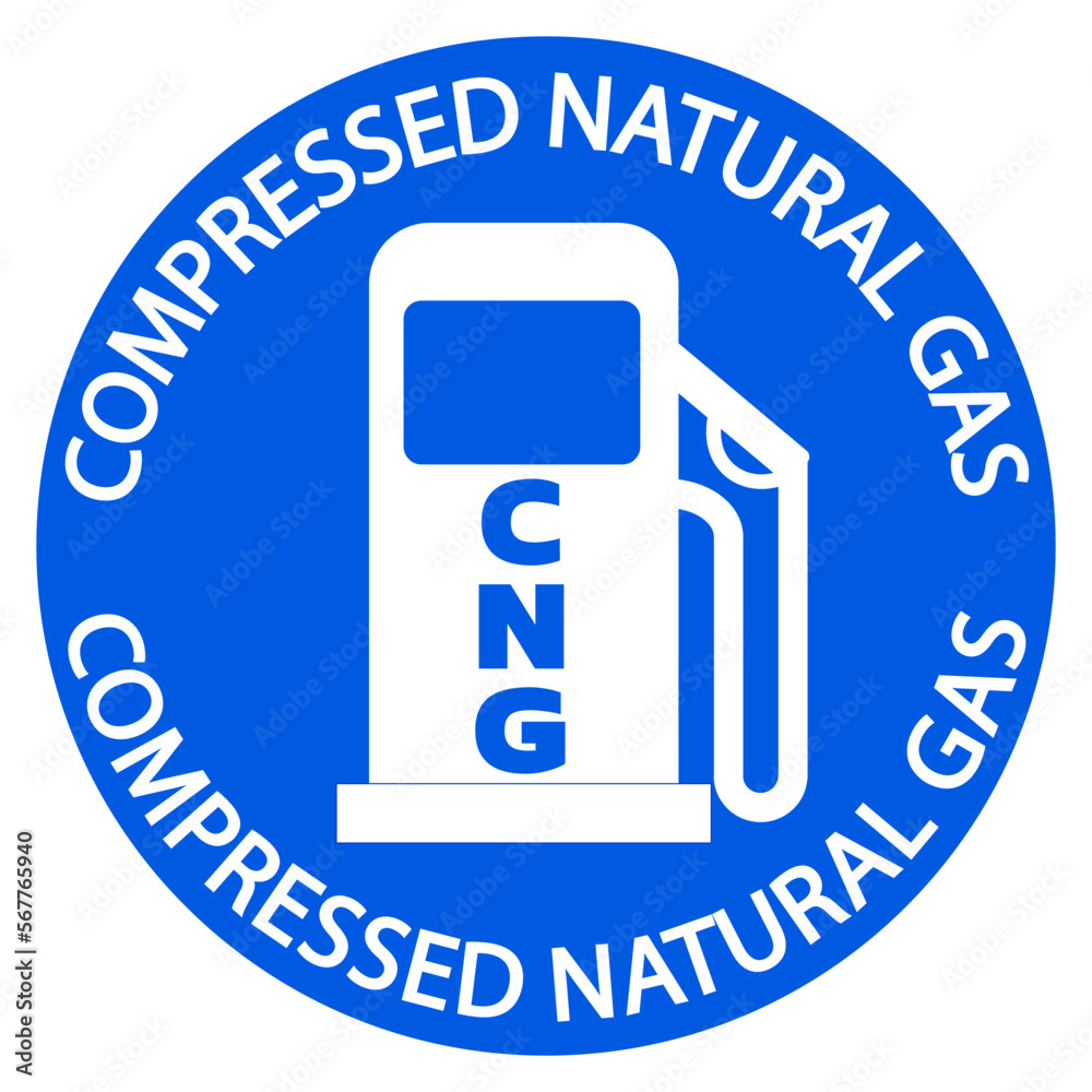 Compressed natural gas station for vehicles. Round blue sign with