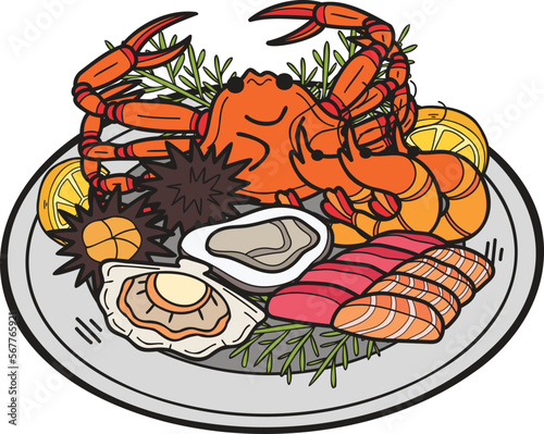 Hand Drawn seafood on plate illustration in doodle style