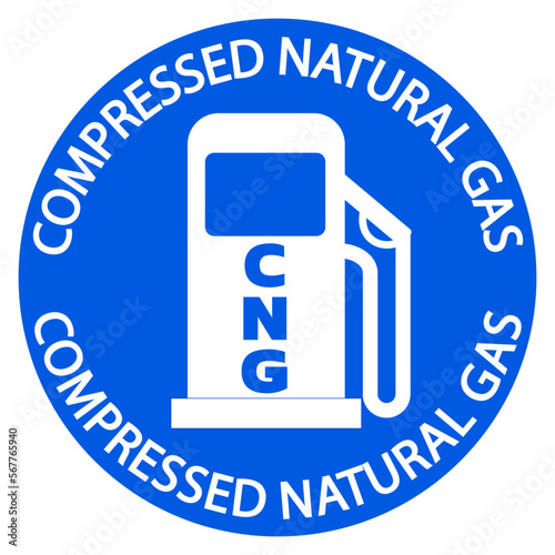 Compressed natural gas  station for vehicles. Round blue sign with symbol and circle text. Information label sign.