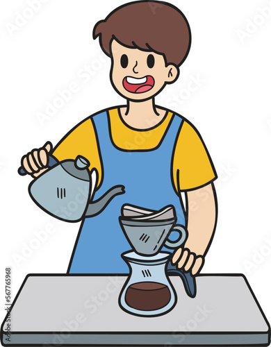 Hand Drawn barista dripping coffee illustration in doodle style