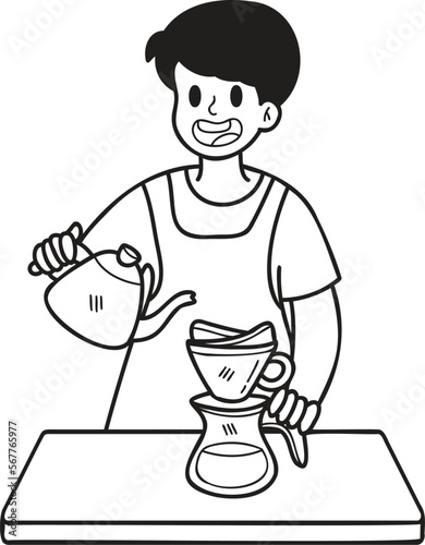 Hand Drawn barista dripping coffee illustration in doodle style