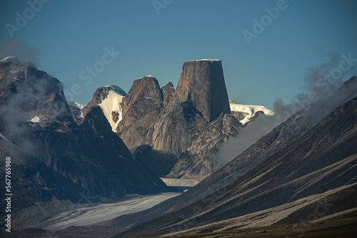 Iconic granite rock of Mt.Asgard towers in arctic valley of Akshayuk pass, Baffin Island, Canada