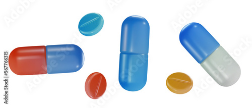 Set 3d cartoon medical pills, capsules or drugs in realistic funny colorful style. Render bright children toy object. Collection plastic cute glossy design element. Vector minimal illustration.