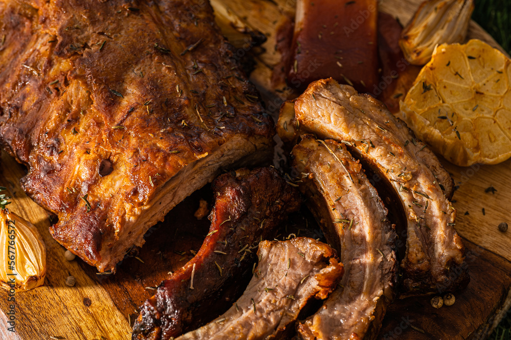 juicy hot grilled ribs from a summer barbecue in nature. juicy hot grilled ribs from a summer barbecue in nature.