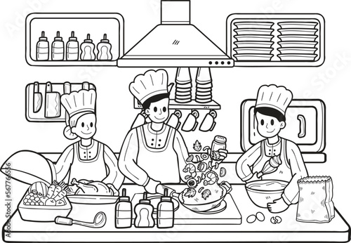 Hand Drawn Chef is cooking in the kitchen illustration in doodle style