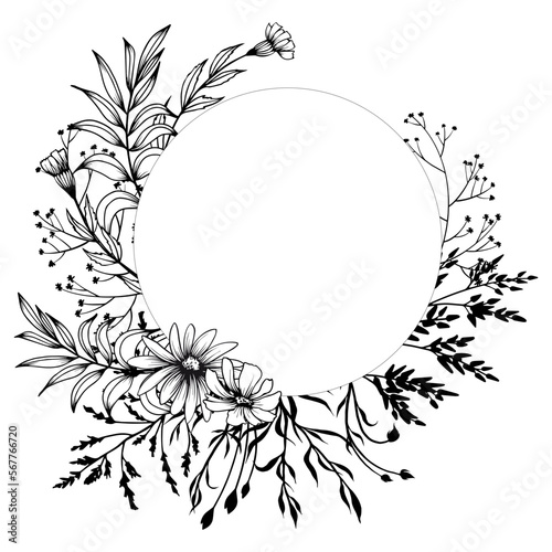 Round floral frame with decorative wildflowers. Hand drawn black and white vector illustration.
