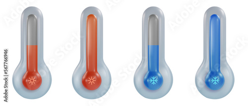 Set 3d cartoon blue and red medical or weather thermometers in realistic funny colorful style. Render bright children toy object. Plastic cute glossy design element. Vector minimal illustration.