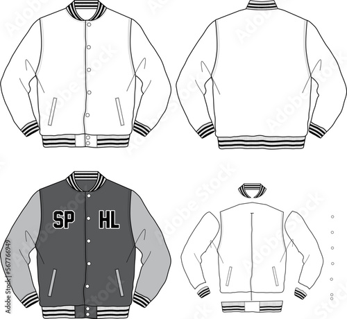 VARSITY JACKET SPORT TEAM JACKET FLAT MOCKUP FASHION DESIGN CAD TEMPLATE	