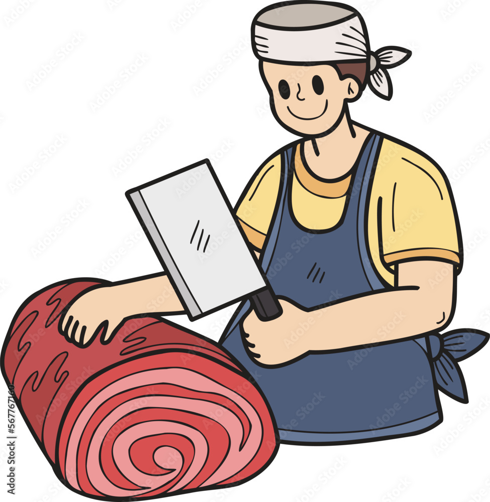 Hand Drawn chef cutting beef illustration in doodle style