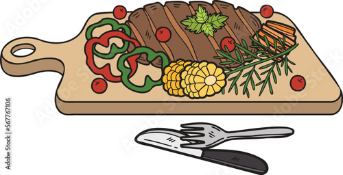Hand Drawn beef steak on a wooden chopping board with knife and fork illustration in doodle style