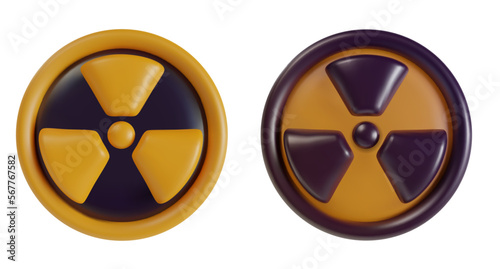 Set 3d cartoon radioactive hazard sign in realistic funny colorful style on white background. Render bright toy object. Collection plastic cute glossy danger label. Vector minimal illustration.