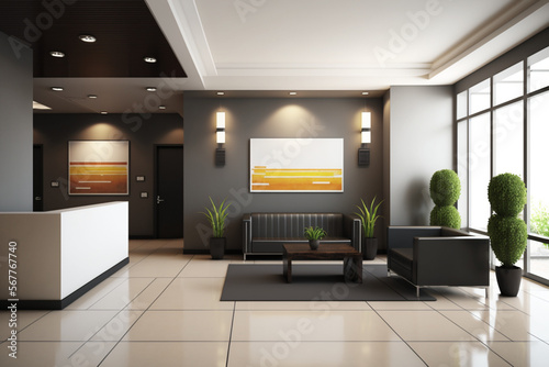 Modern office waiting room corner with large windows 3d rendering mock up