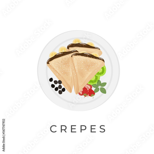 Crepe Pancake Vector Illustration Logo With Melted Chocolate Filling And Fruit