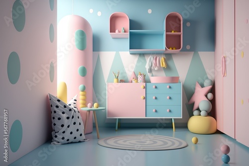 Аairytale children's room. One style room. 3D render, 3D illustration.