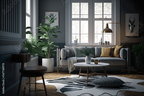 Modern living room. Scandinavian style. 3D render, 3D illustration.