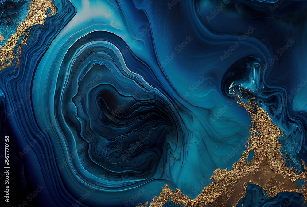 Obraz premium Abstract marble ocean art. Natural Luxury. Style incorporates the swirls of marble or the ripples of agate. Very beautiful blue paint with the addition of gold powder. Generative Ai.