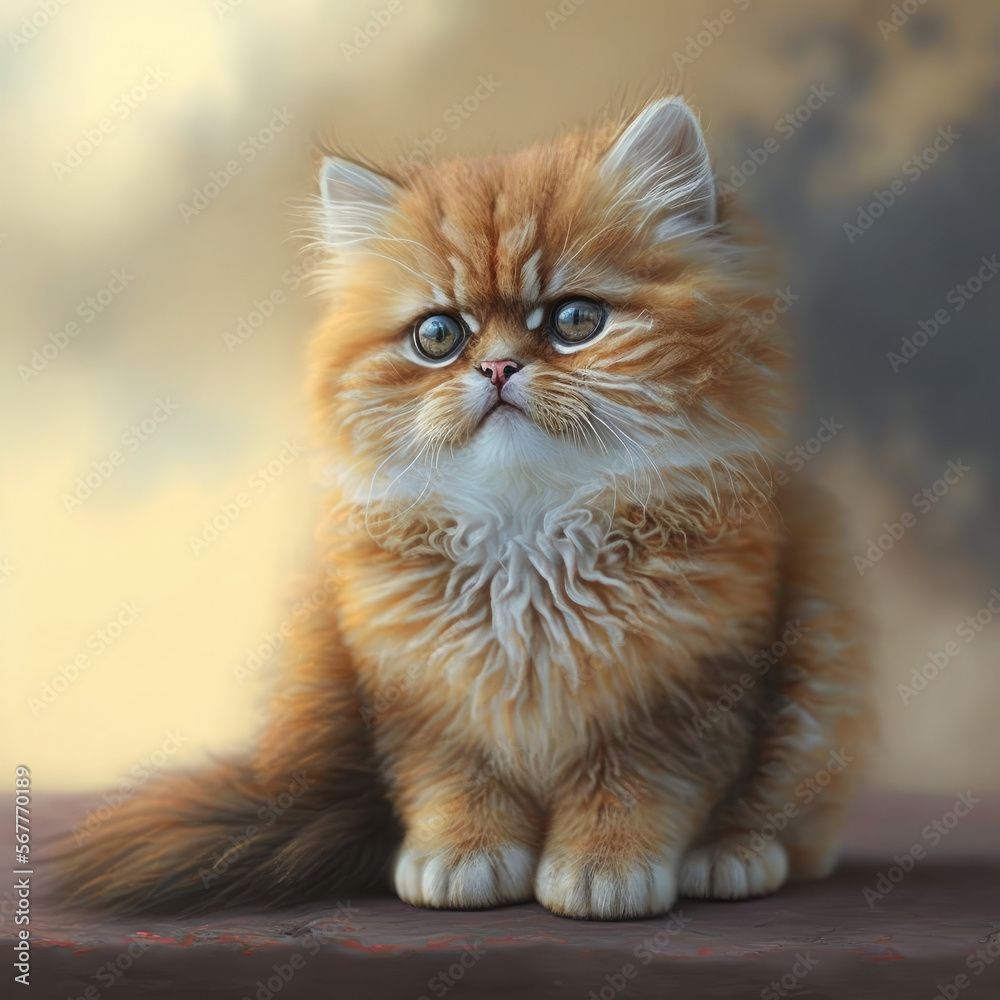 portrait of an adorable kitten cat with long yellowish hair. Ai generative