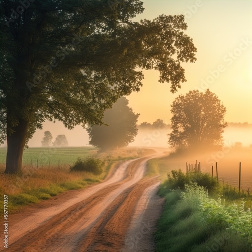 A winding country road at dawn, full of fog.