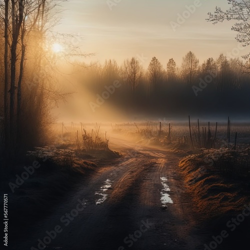 A winding country road at dawn  full of fog.