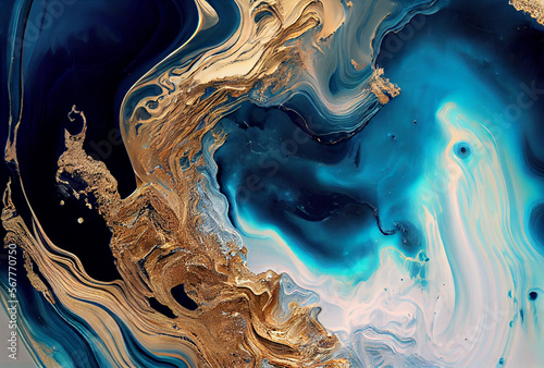 Abstract marble ocean art. Natural Luxury. Style incorporates the swirls of marble or the ripples of agate. Very beautiful blue paint with the addition of gold powder. Generative Ai.