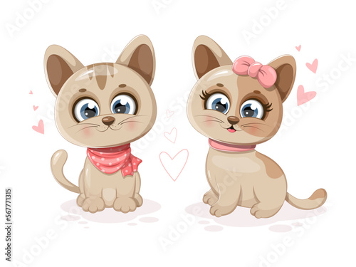 Two cartoon and cute kittens with hearts