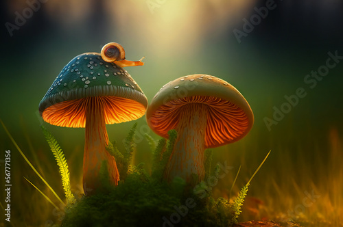 Close-up of a miniature snail on a Mushroom growing in a forest, Indonesia photo